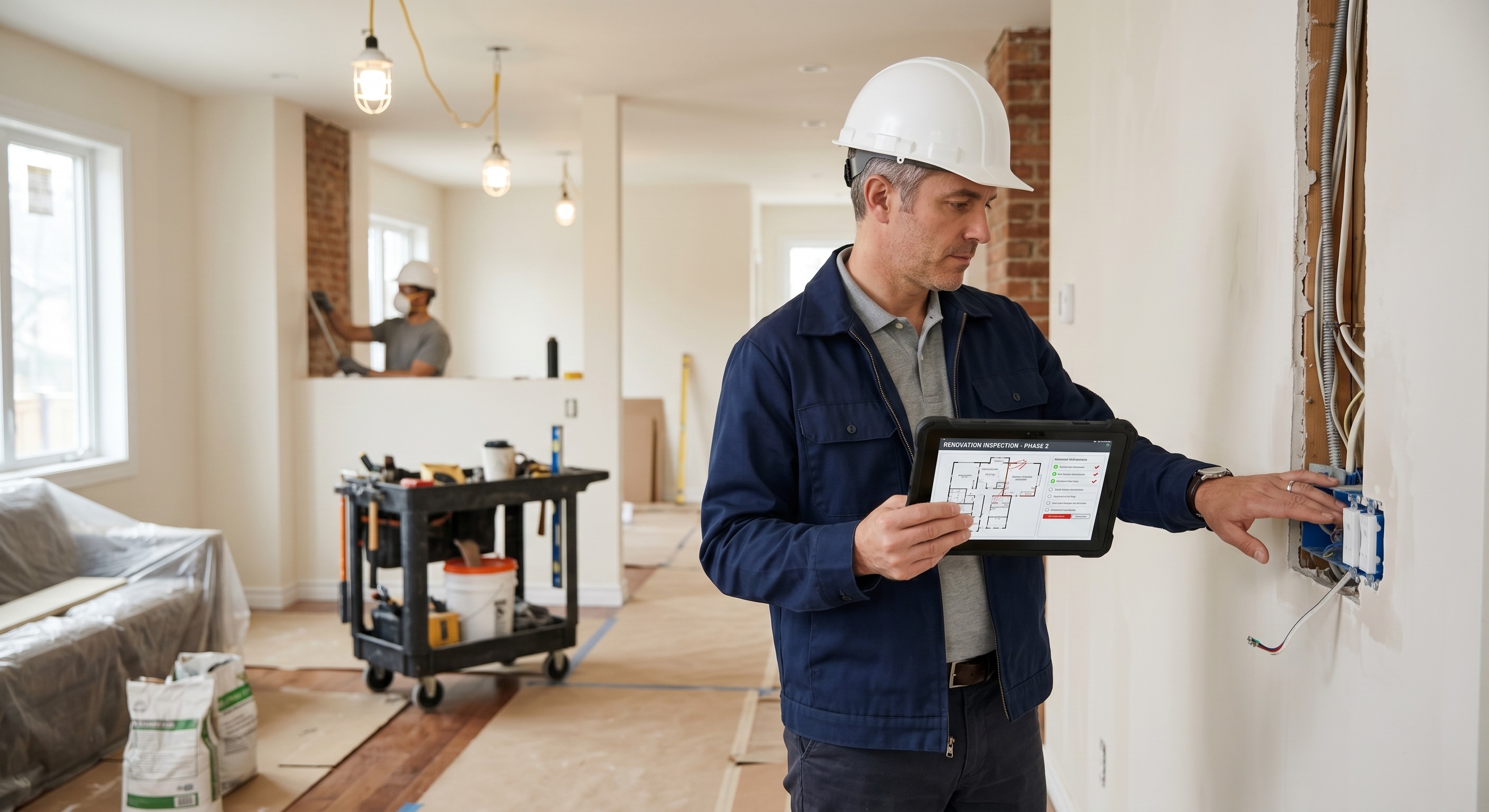  Un chef de chantier inspecte des travaux de rénovation à l'intérieur d'une maison, tablette en main, vérifiant les détails. 