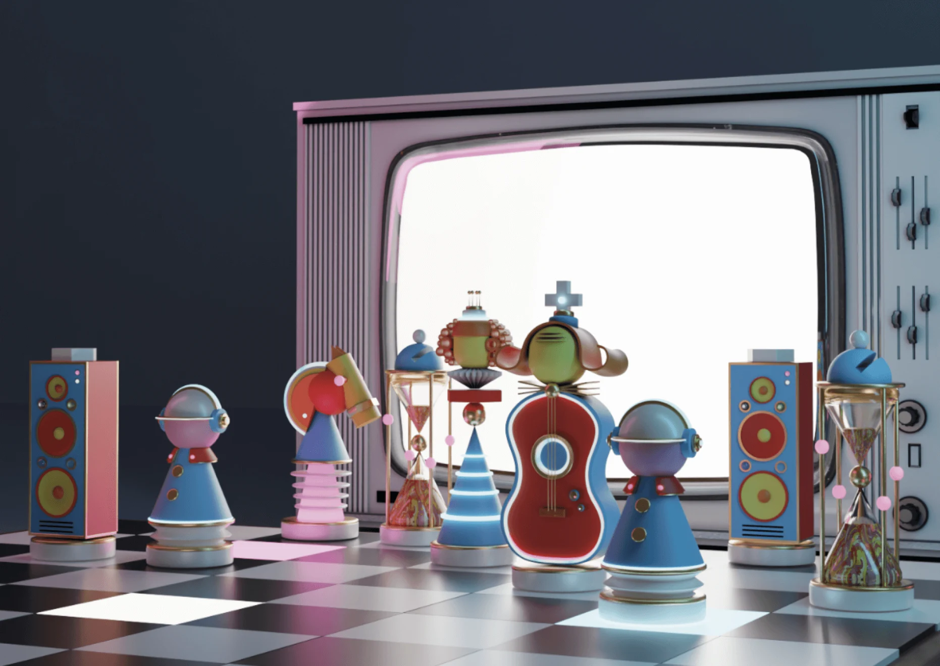 A chess board with a set of distinct chess pieces on it and a small TV in the background