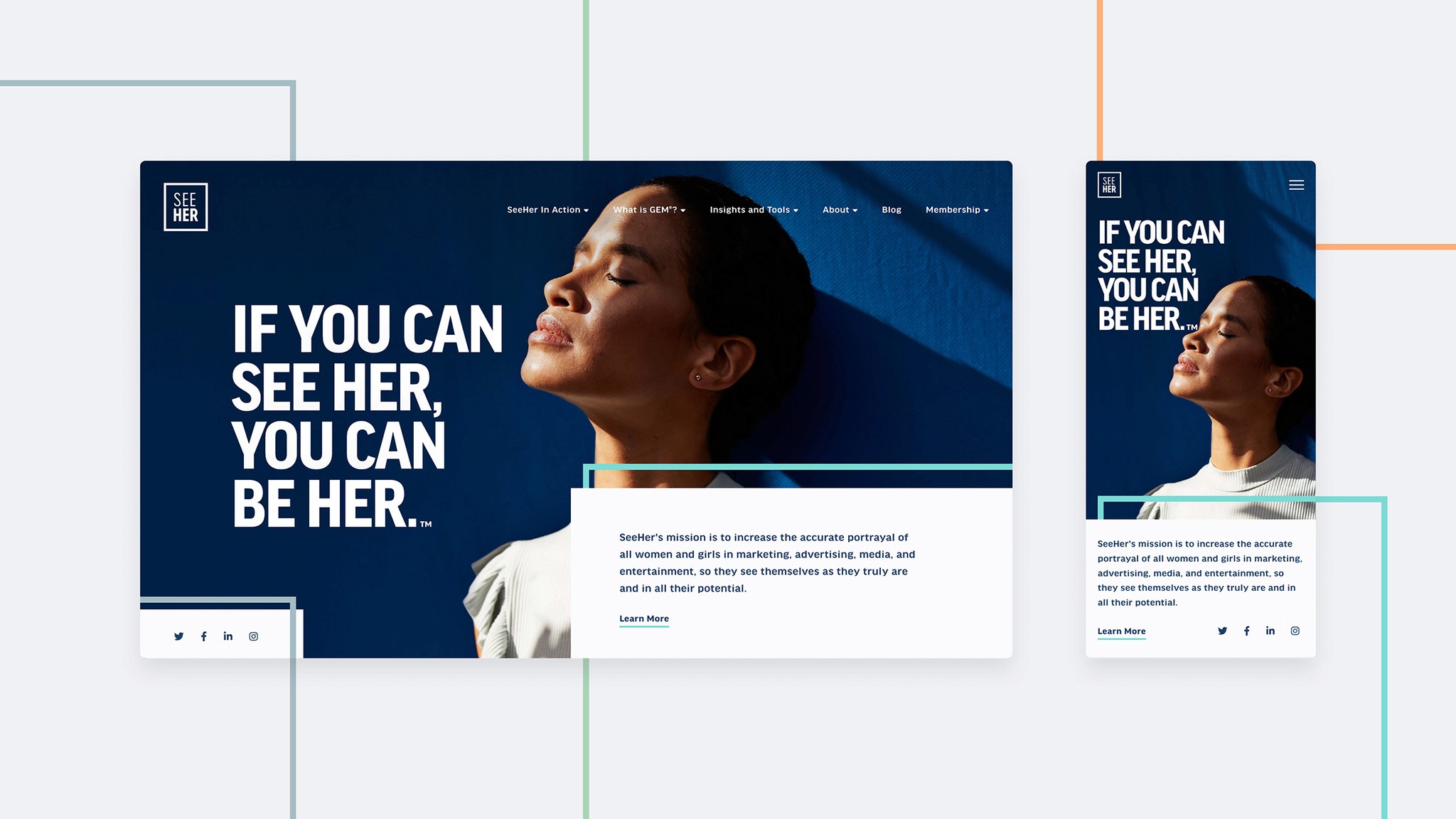 Desktop and mobile layouts of the SeeHer homepage. 