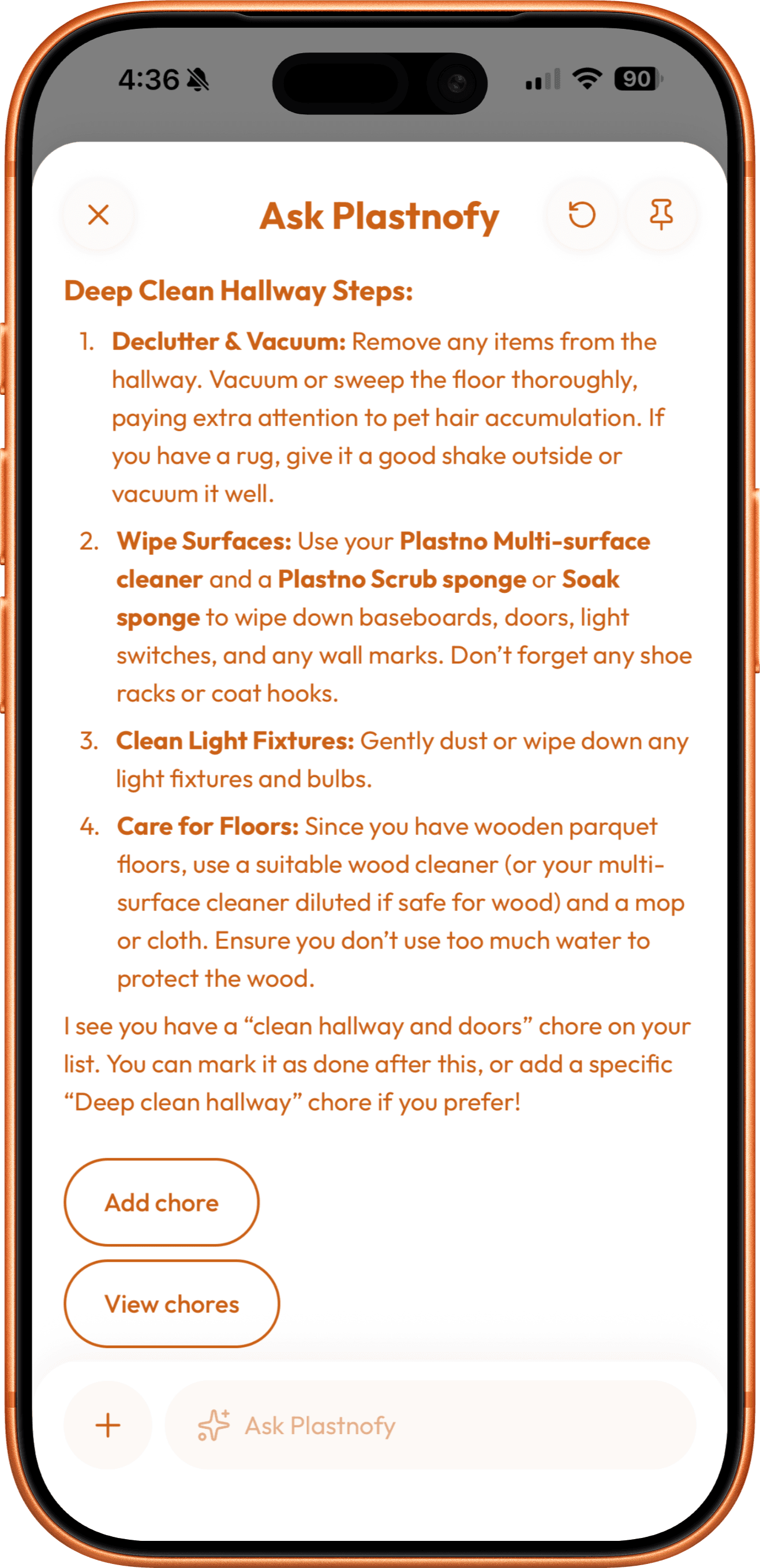 Plastnofy AI cleaning assistant chat providing personalized sustainable cleaning advice and product recommendations on iPhone