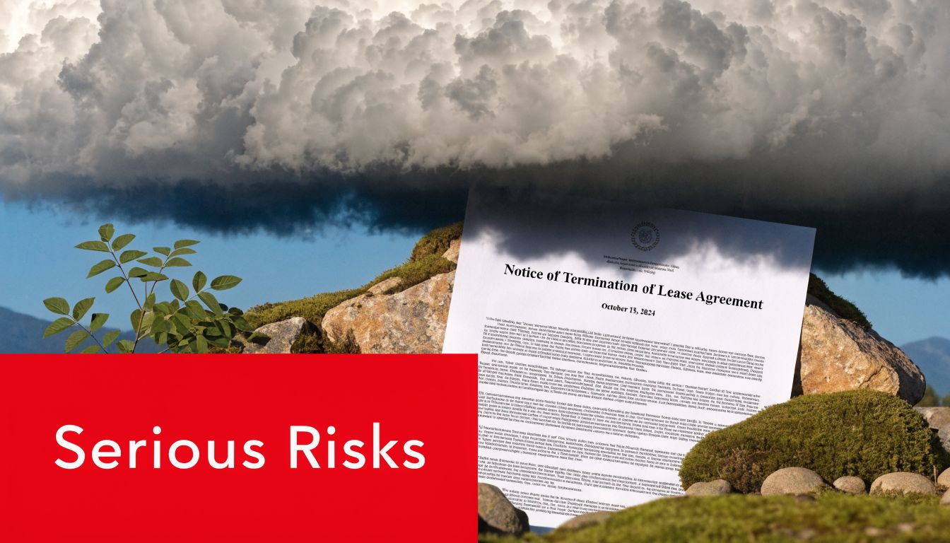 A Notice of Termination of Lease Agreement document placed on a rocky landscape under a stormy sky.