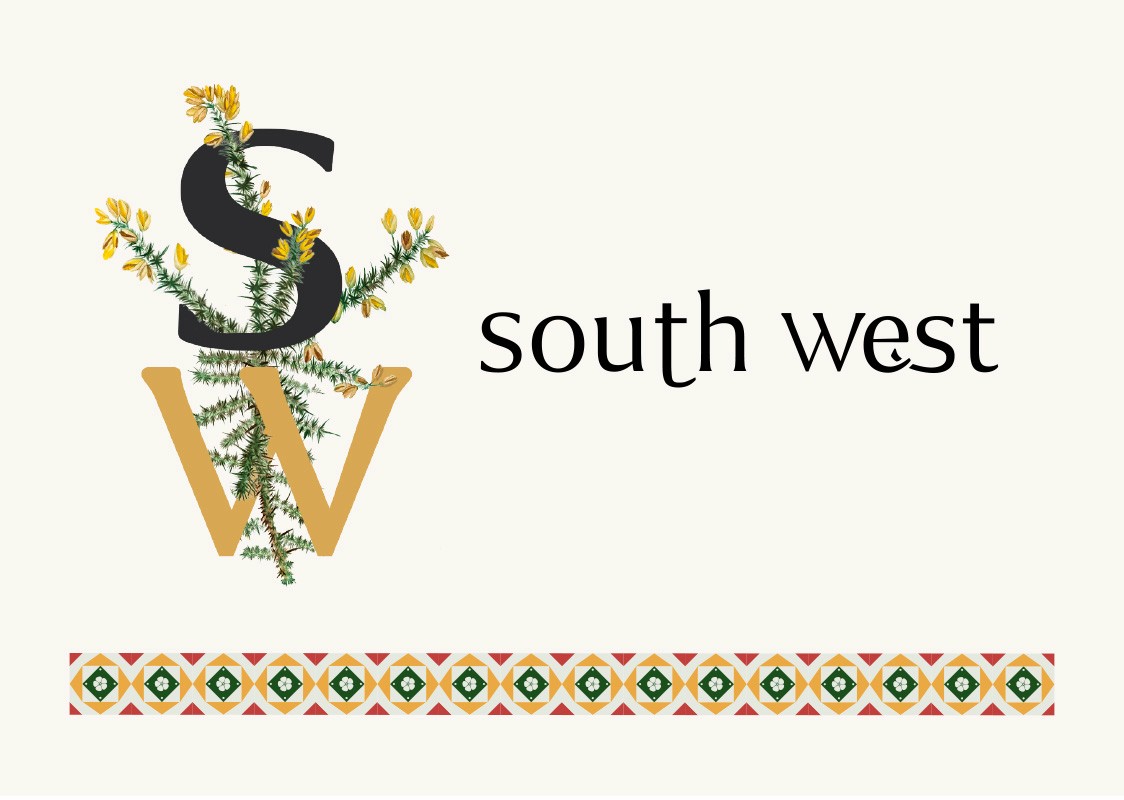Regional Identity graphic for the South West Trail. featuring te intitials SW interttwined with bracken and a flower pattern design in red, green and yellow.