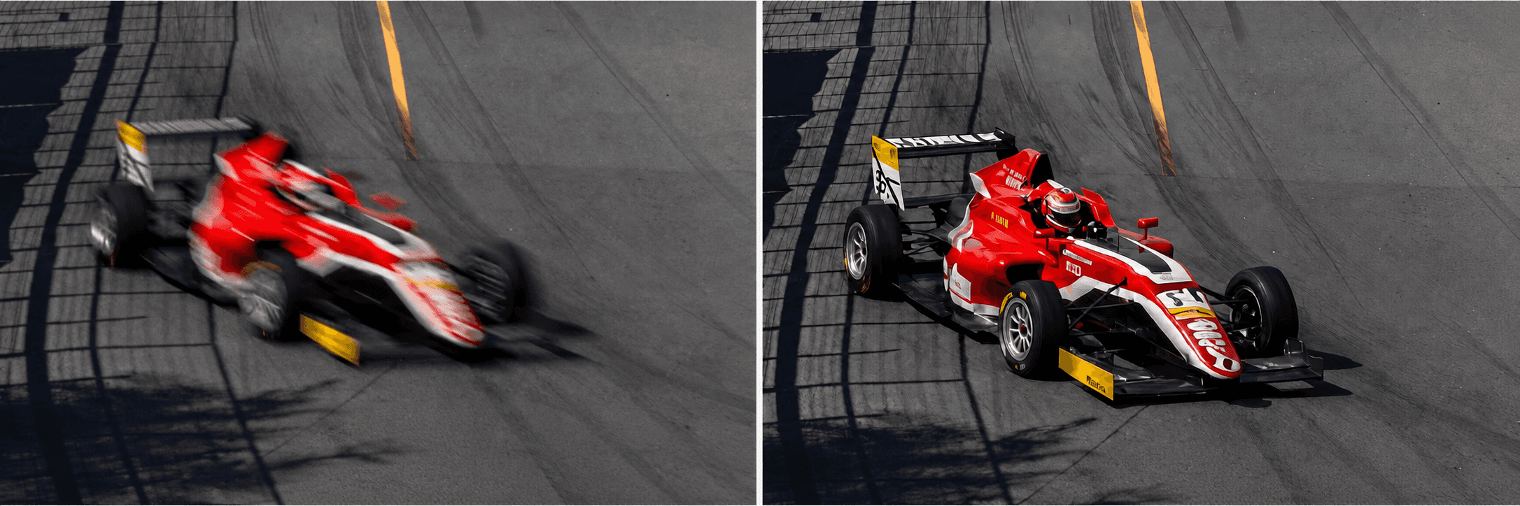 Motion-blurred racing car compared with the Desktop AI-enhanced result