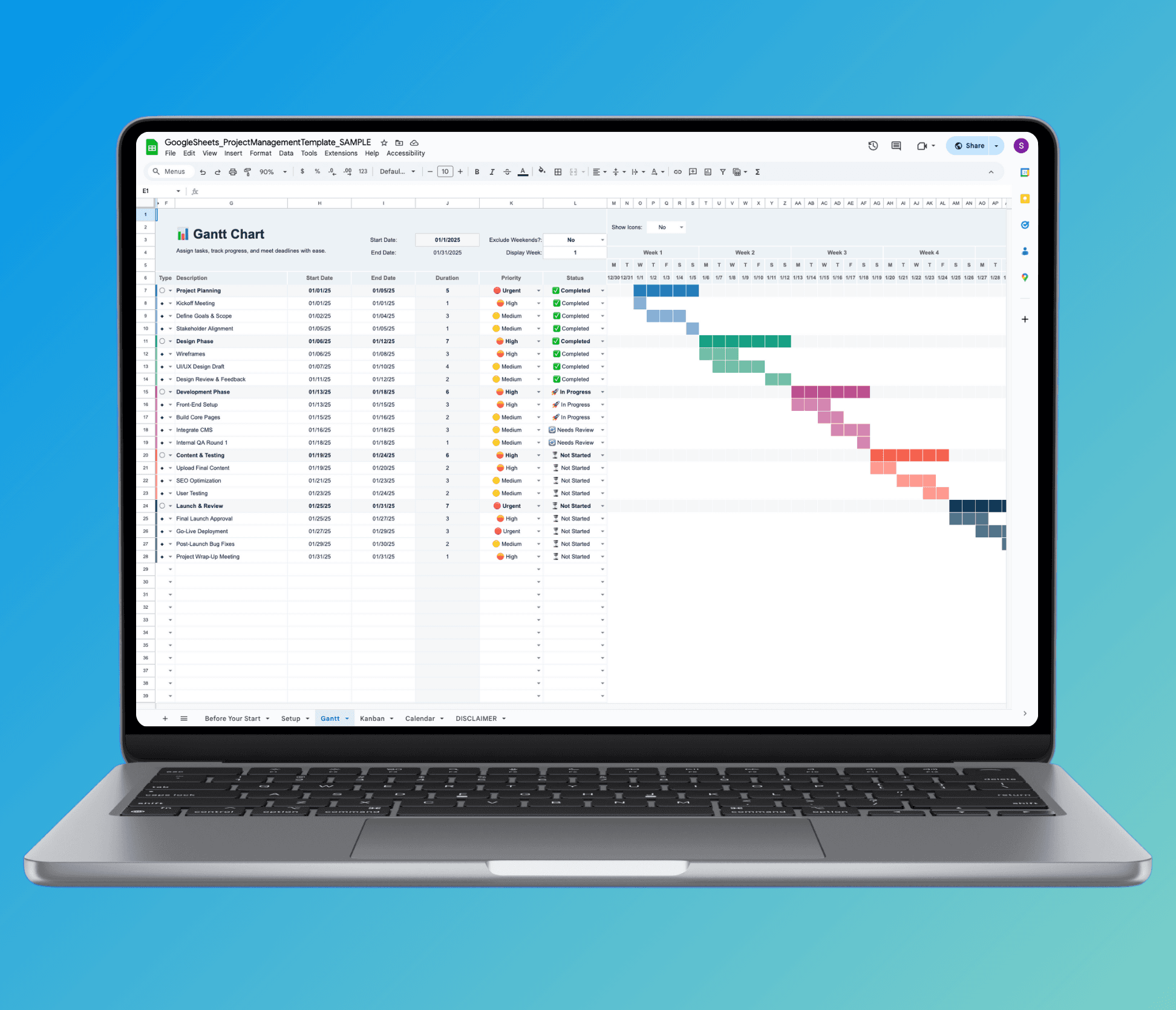 MacBook showing Project Management Template with Gantt chart timeline in Excel for task tracking and project planning