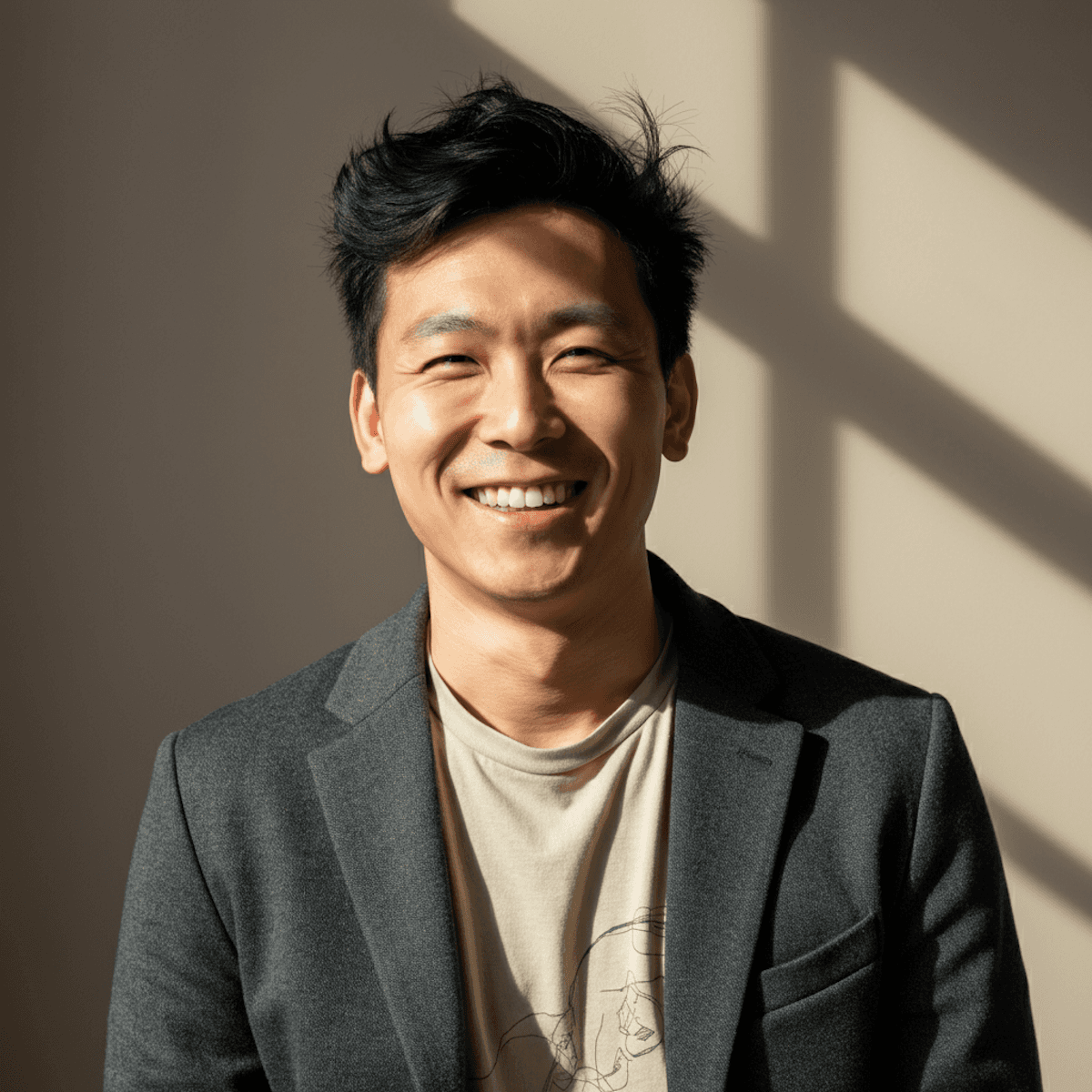 Smiling Asian man in a gray blazer and t-shirt, warmly lit with soft shadows on a plain background.