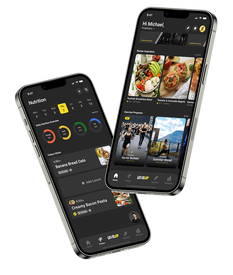Two Phones on SP Nutrition App - Recipe view & Day view