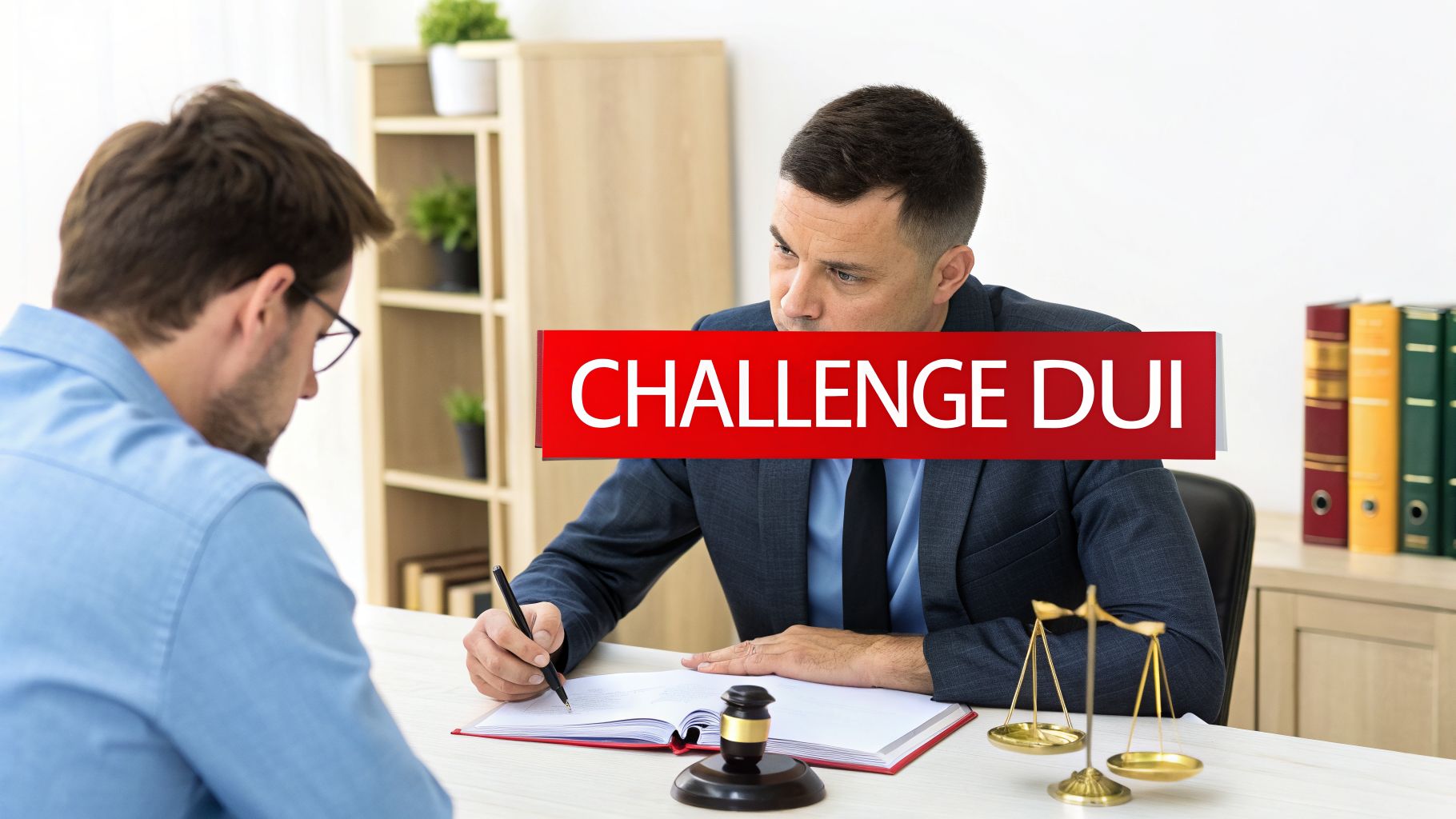 A lawyer advises a client at a desk with a gavel, scales of justice, and a 'CHALLENGE DUI' banner.