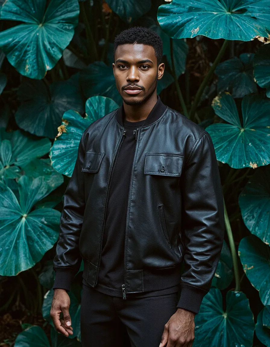 Fashion portrait featuring a black leather jacket against vibrant green tropical leaves, creating dramatic contrast for editorial styling