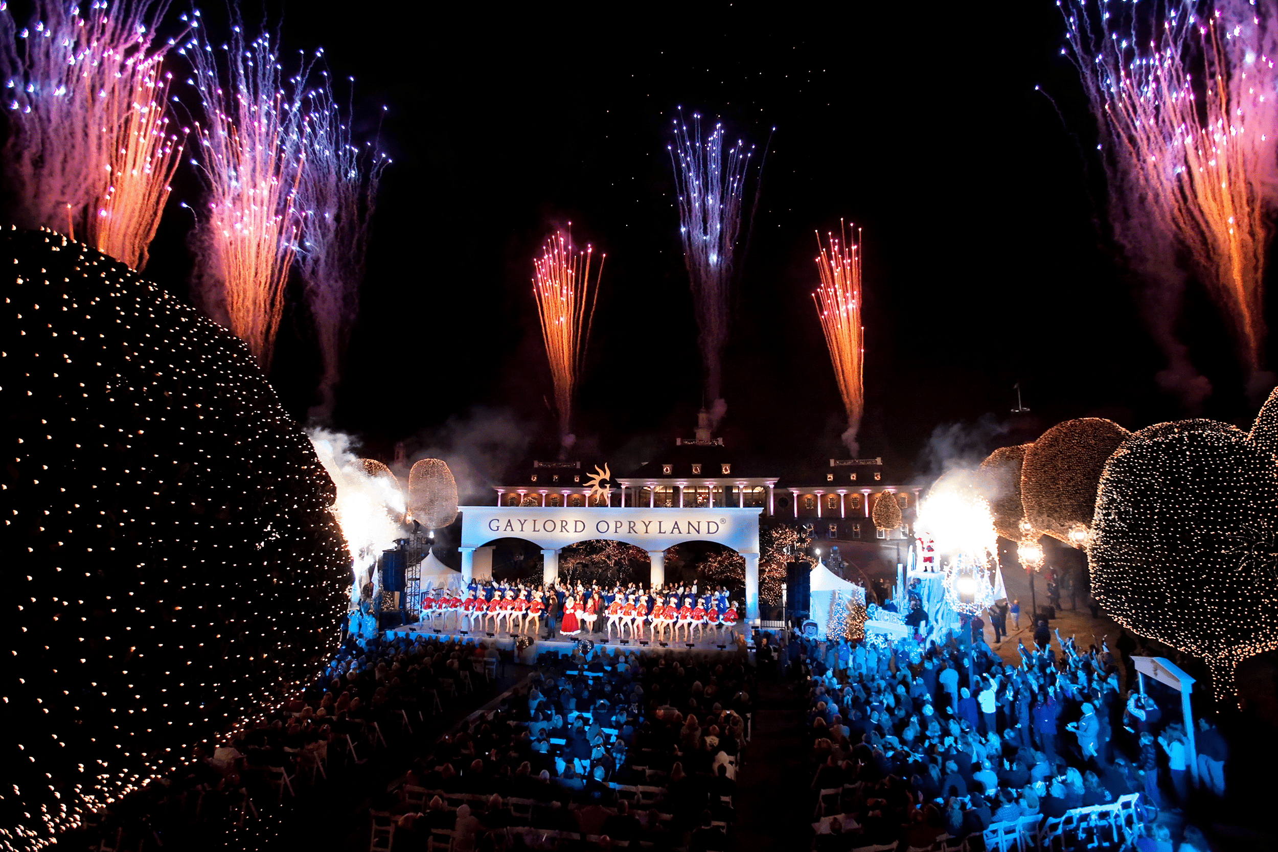 Fireworks in the sky over the Gaylord Opryland Hotel Resort at night