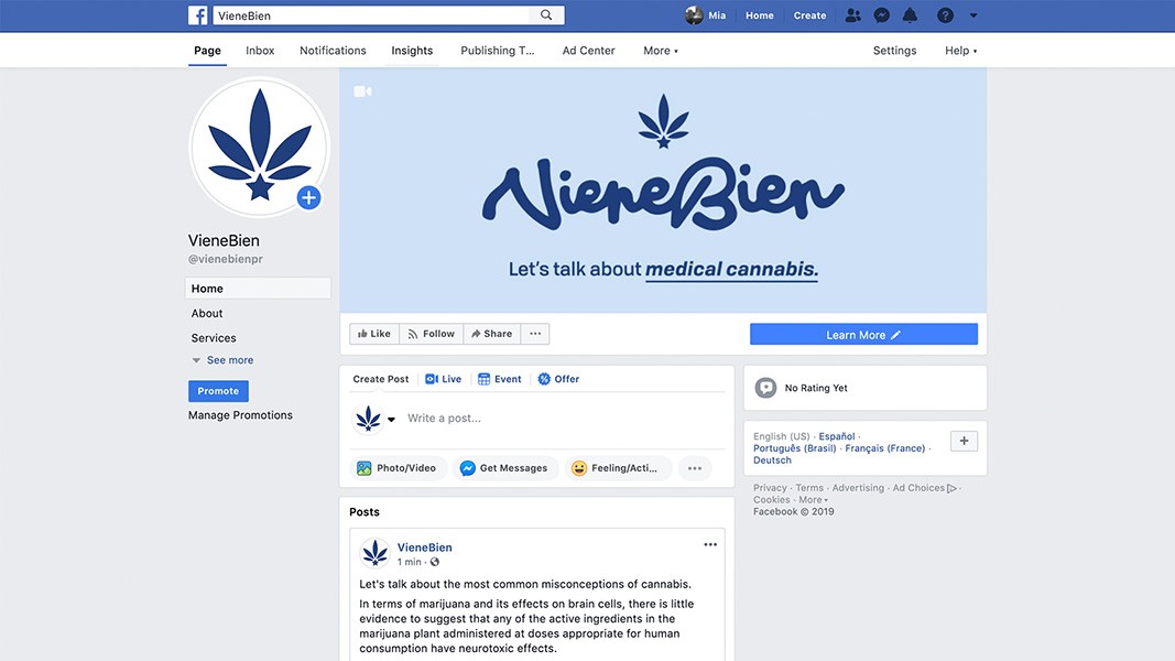 A screenshot of a website page for VieneBien, a cannabis company. The page includes sections for About, Services, Promote, Create Post, Offer, Learn More, No Rating Yet, Privacy, Terms, Contact, Settings, and Home. The company’s logo, featuring a cannabis leaf, is prominently displayed at the top. The page also contains social media icons and contact information.