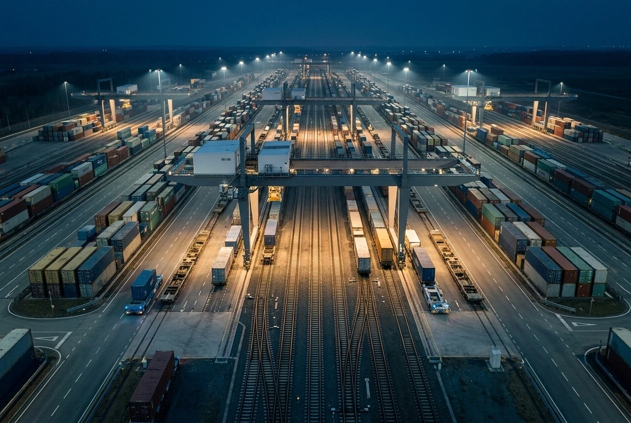 Aerial dusk view of a container terminal with yellow gantry cranes