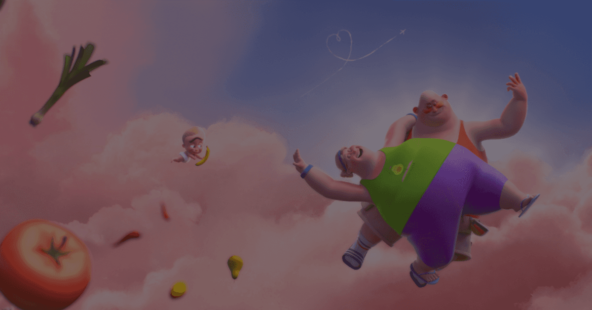 Deux hommes tombent du ciel, entourés de nourriture. Scène colorée et fantaisiste.