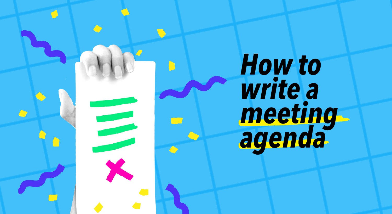 Hand holding a checklist document with green highlights on a blue grid background with confetti and meeting agenda text