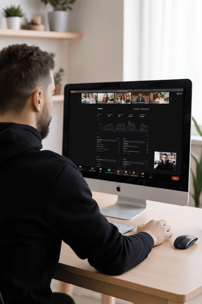 Professional in a refined home office analyzing campaign dashboards on screen during a Zoom meeting, representing the ongoing optimization and data-driven growth process.
