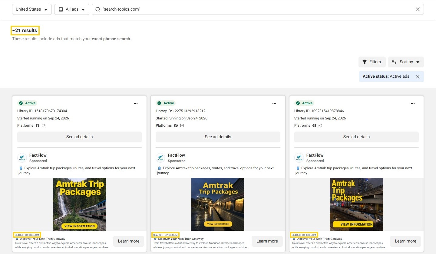 An exact-phrase search for search-topics.com in the Ad Library: about 21 results, every one an ad that shows SEARCH-TOPICS.COM as its display link