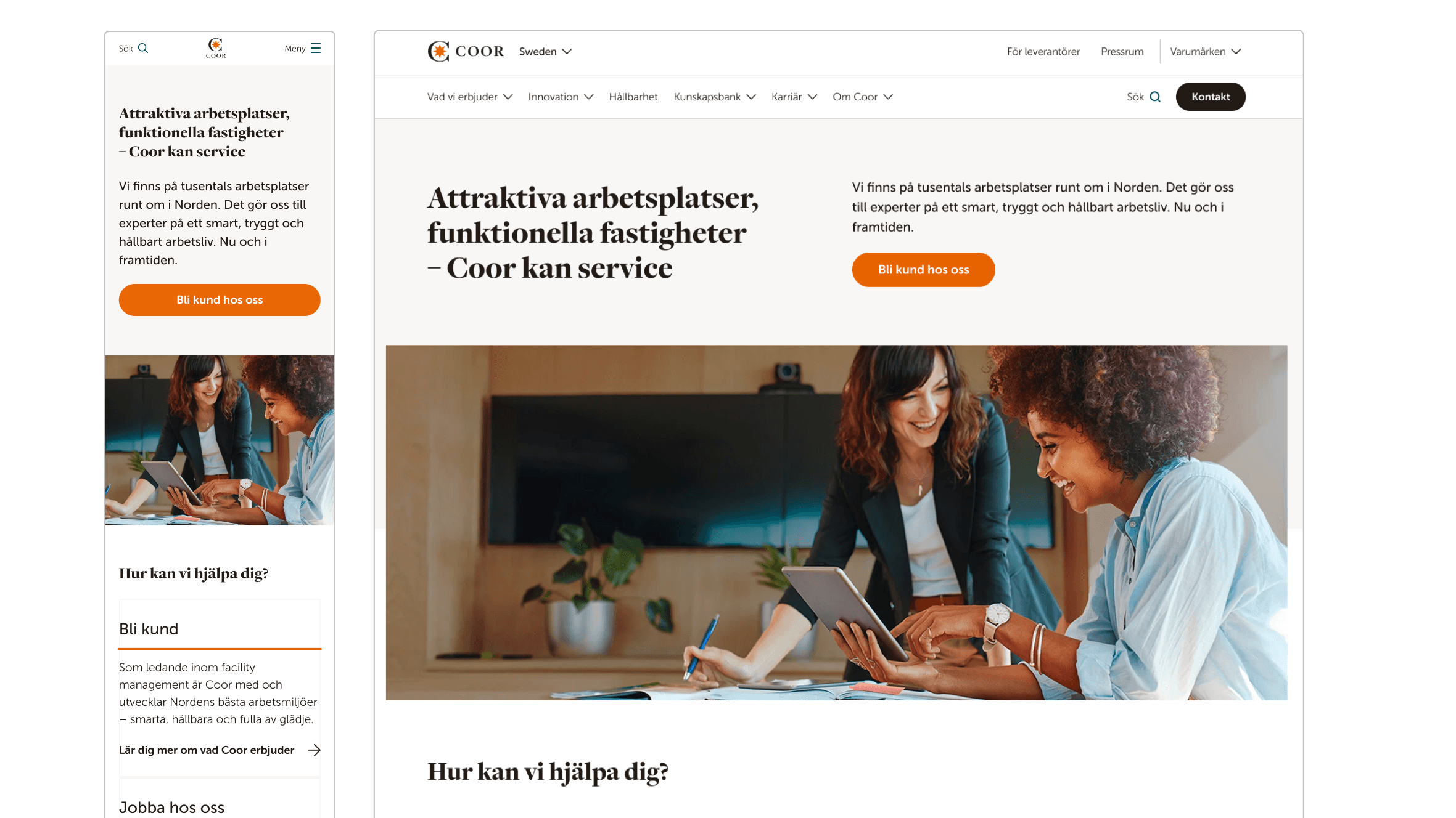 Coor's start page on mobile and desktop