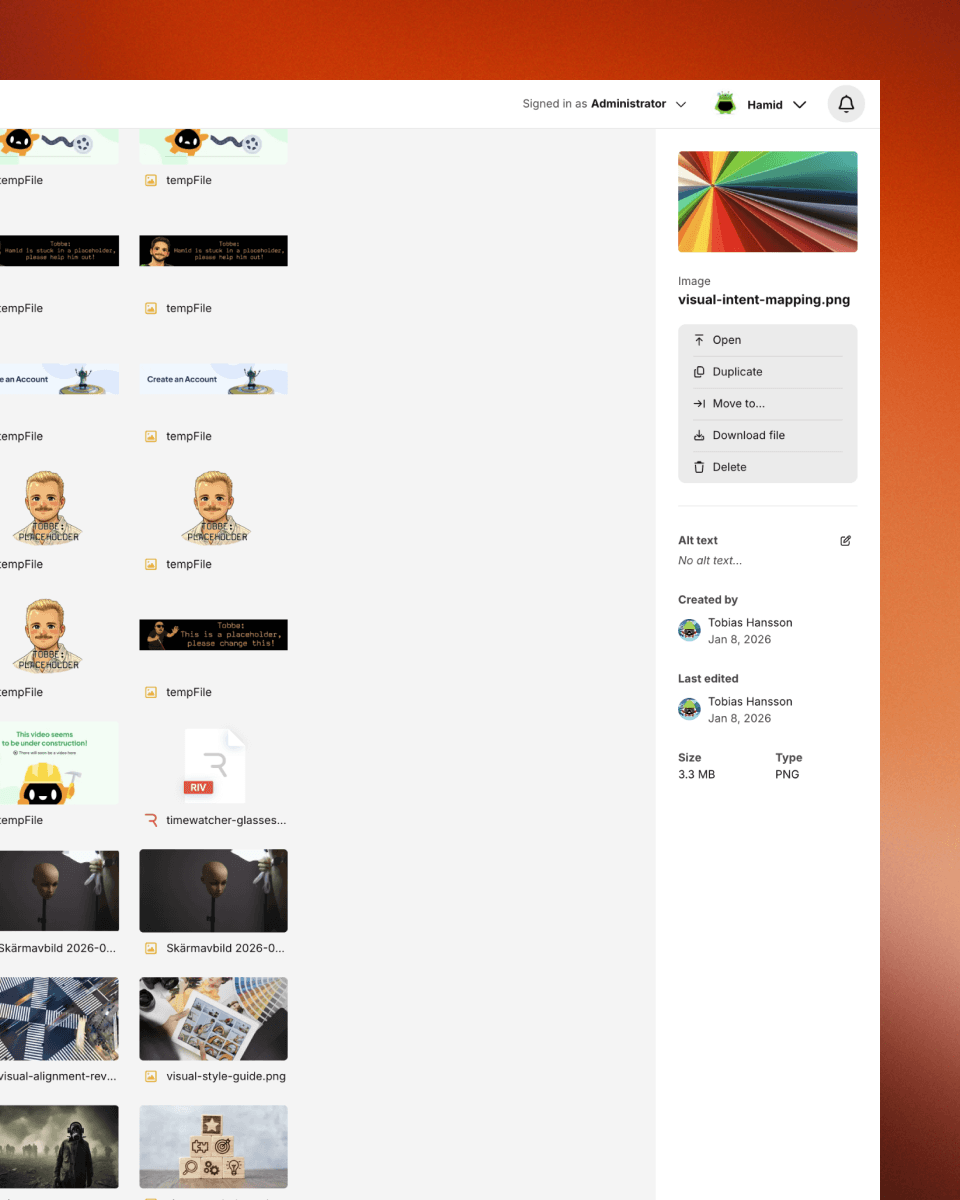 A screenshot of a messaging interface within a web application. The top bar shows a user signed in as an administrator. In the main panel, a direct message thread displays a short message from a user named Dan Teschat. A side panel on the right shows the user’s profile information, including options such as blocking the user or muting notifications, along with their associated organization. The layout is clean and minimal with a light background and orange accent color at the top.
