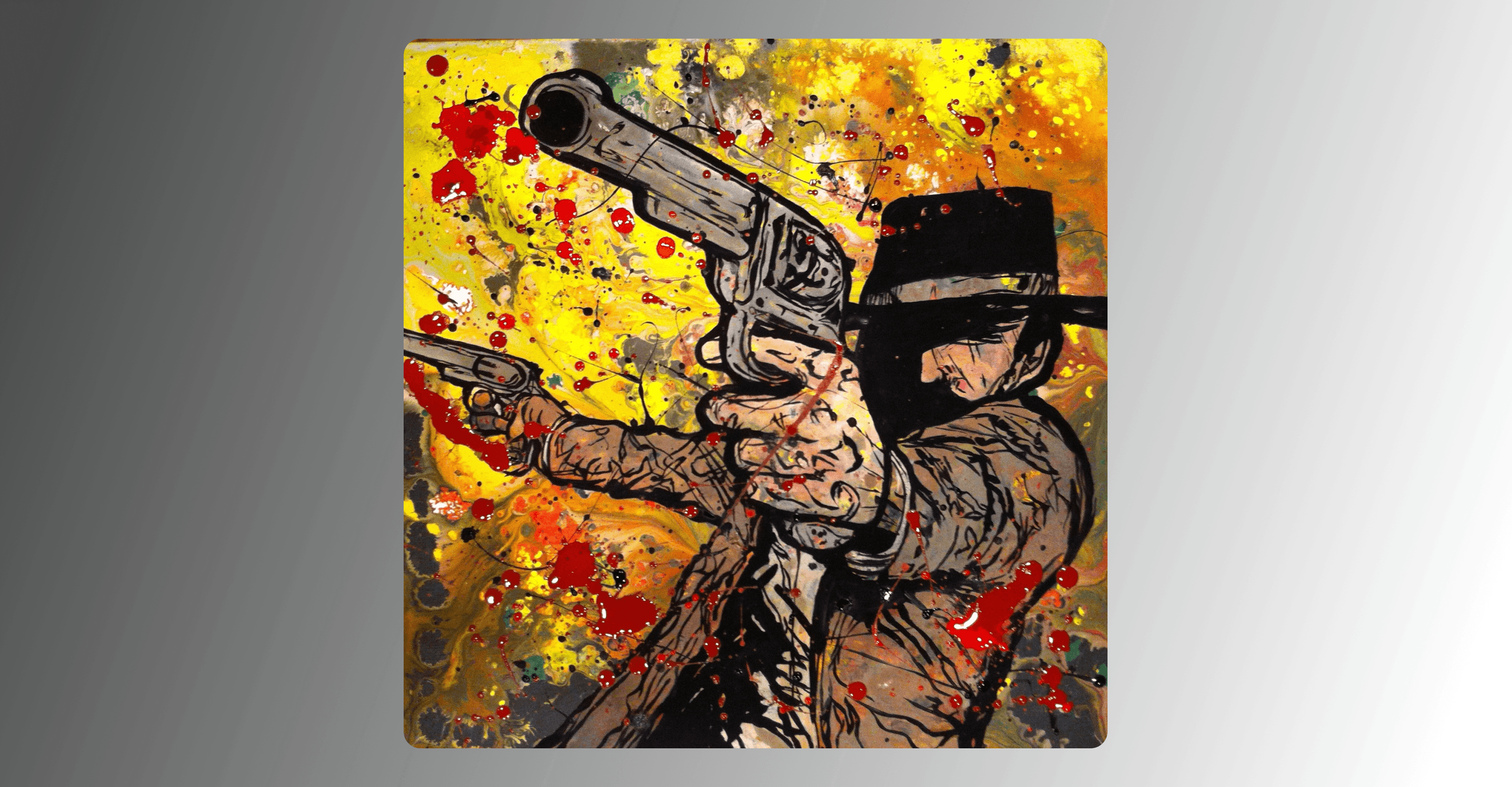 The painting "Quick Draw" where a cowboy with a shadowy face fires two guns in both directions away from his body. The background is bright yellow and there are spurts of bright blood across the painting.