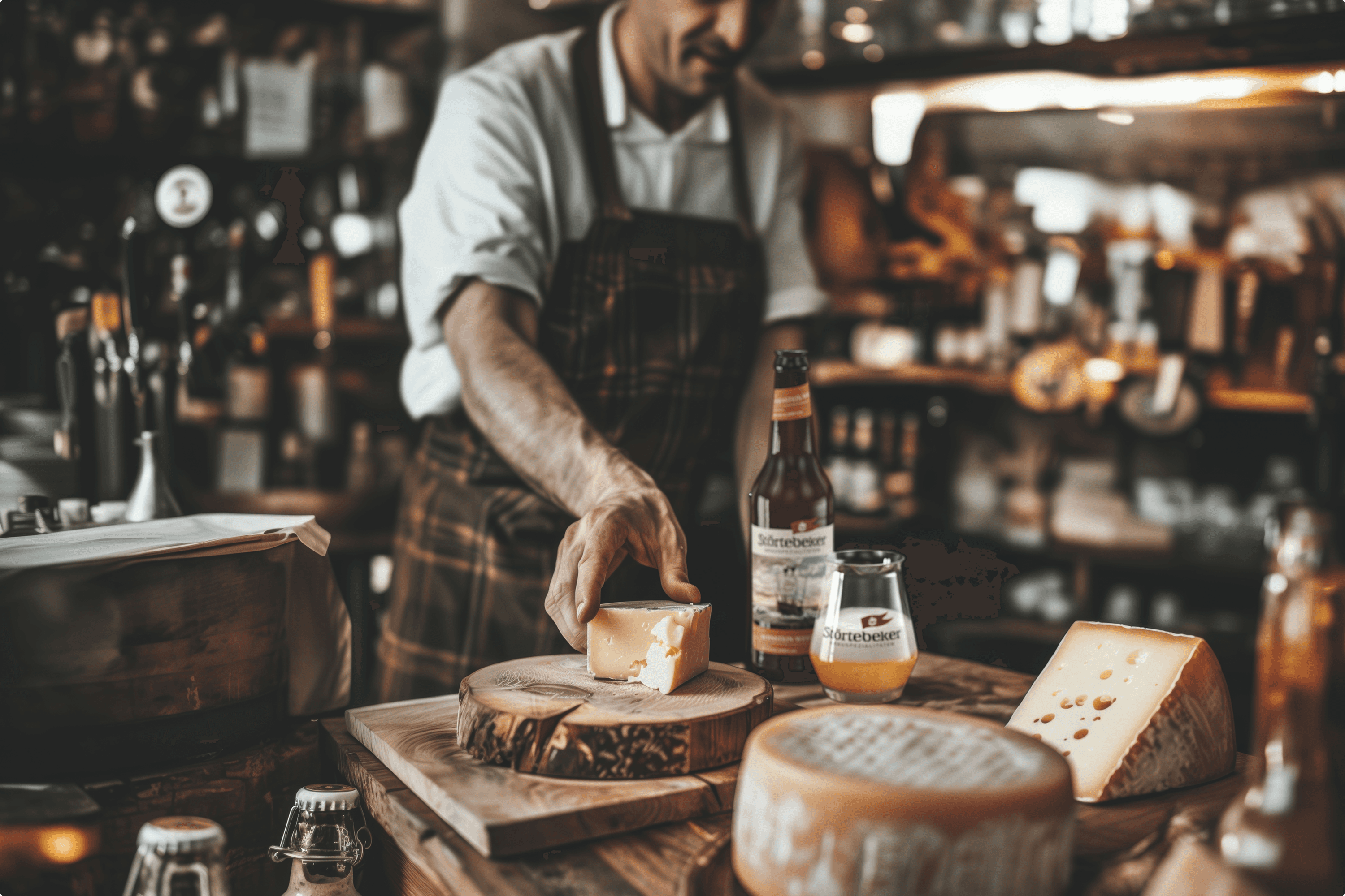 Man placing cheese on a wooden board with beer.