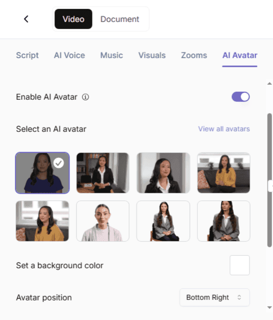 Enable and select an AI avatar from different options and adjust avatar position&nbsp;