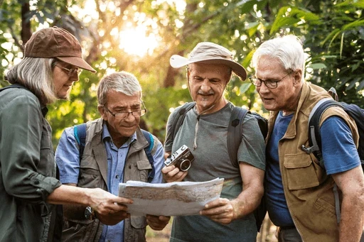 Groupe de randonneurs étudiant une carte ensemble en forêt.