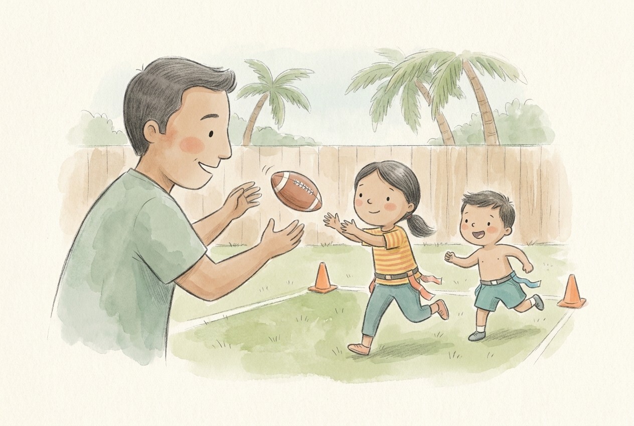 Storybook illustration of a family playing football together