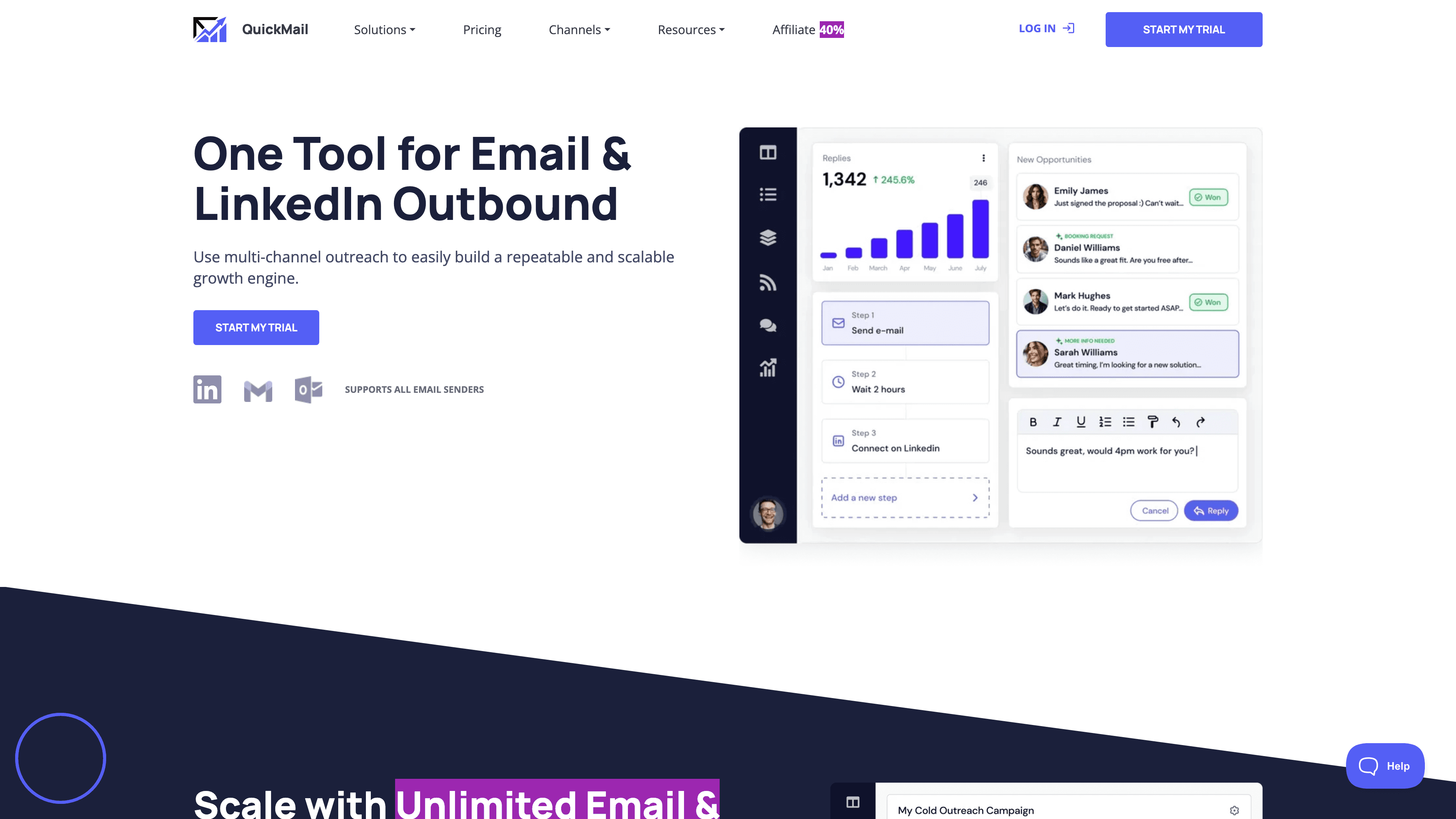 QuickMail homepage highlighting ultra-affordable $9/month starter plan for cold email outreach