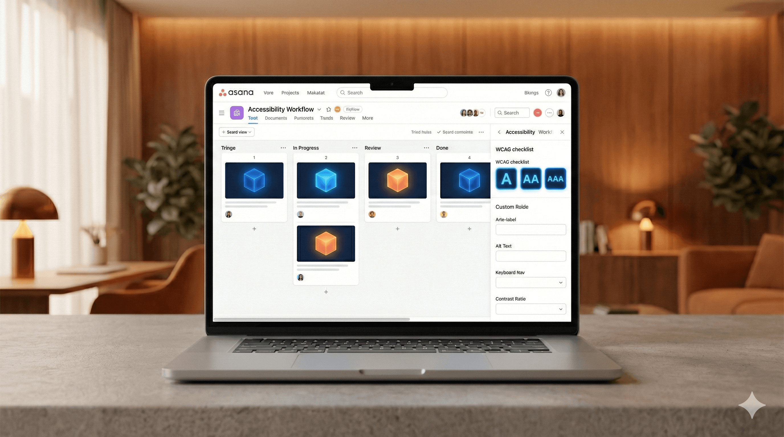 A laptop displays the Asana interface, illustrating an accessibility workflow with various tasks featuring icons of cubes and accessibility symbols, set in a warmly lit modern workspace.