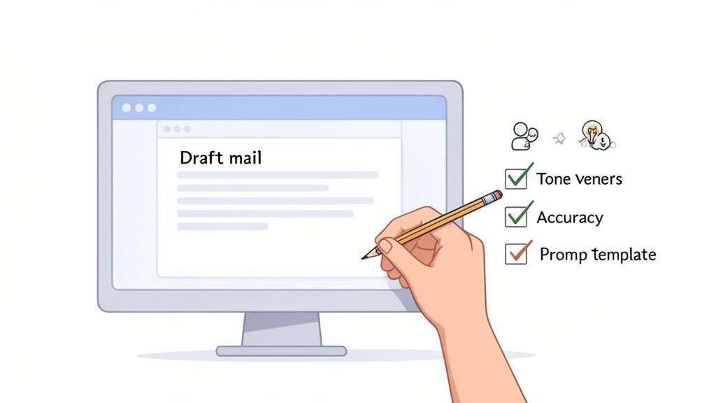 A hand edits a 'Draft mail' on a computer screen, with a checklist for tone veners, accuracy, and prompt template.