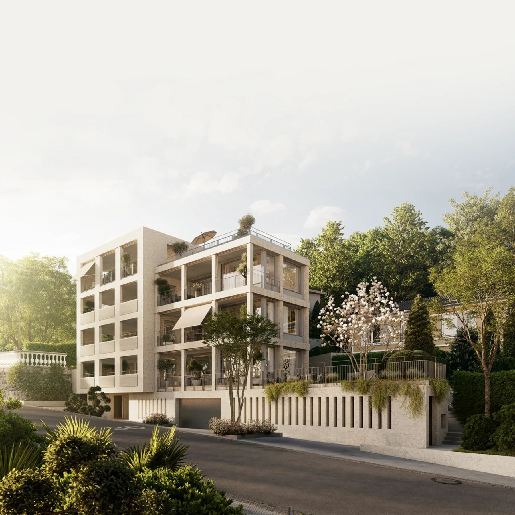 Modern residential building with balconies, large windows, and greenery on a quiet street
