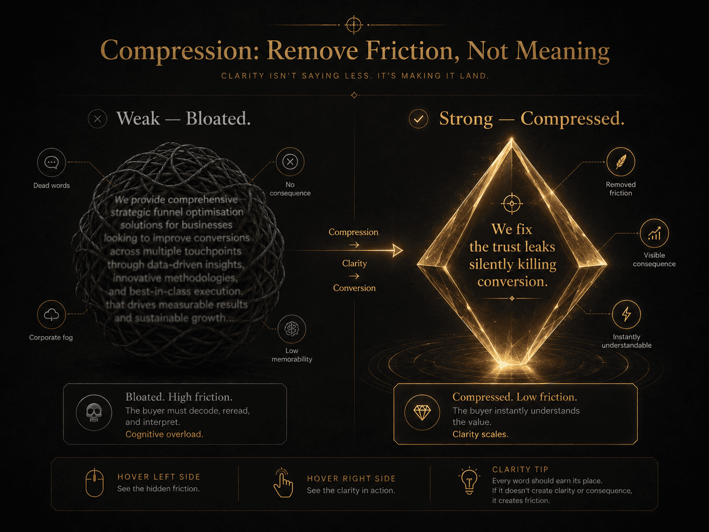 “Compression: Remove Friction, Not Meaning” Concept: A split-screen comparison showing two versions of the same offer.  Left side (Weak — Bloated): A large, tangled ball of string or dense block of text. The text is blurry, overcrowded, chaotic: “We provide comprehensive strategic funnel optimisation solutions for businesses looking to improve conversions across multiple touchpoints...” The ball is heavy, dark, straining under its own weight. Label: “Bloated. High friction. The buyer must decode, reread, and interpret. Cognitive overload.”  Right side (Strong — Compressed): A sleek, polished diamond or sharp geometric form. Inside, clean, minimal text: “We fix the trust leaks silently killing conversion.” The diamond is light, bright, glowing. Label: “Compressed. Low friction. The buyer instantly understands the value. Clarity scales.”  A thin arrow points from left to right with the word: “Compression → Clarity → Conversion.”  Style: Dark charcoal background. Left side: desaturated grey, tangled, chaotic. Right side: warm gold/amber, sharp, crystalline, glowing. The contrast is stark but elegant.  Interaction: Hovering the left side reveals diagnostic markers: “Dead words,” “Corporate fog,” “No consequence,” “Low memorability.” Hovering the right side reveals: “Removed friction,” “Visible consequence,” “Instantly understandable.” A slider transitions from “Bloated” to “Compressed,” showing the text progressively sharpening.