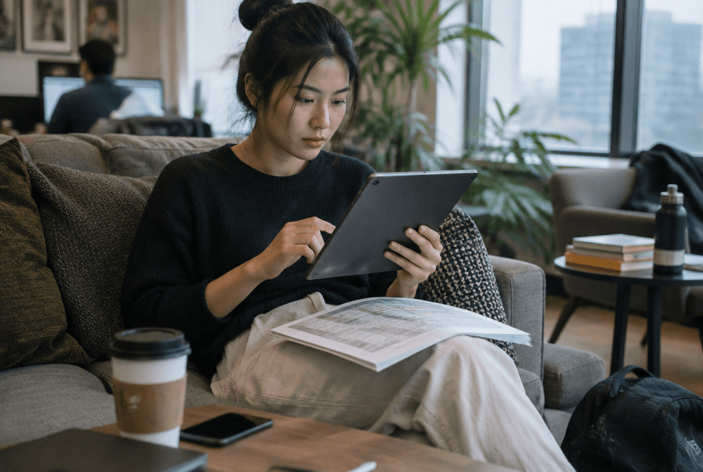 B2B buyer researching vendors on a tablet with printed notes on her lap