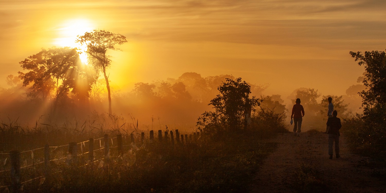 Typical Pantanal sunset with three people walking in the distance; the sun is setting behind trees, casting a warm orange glow across the sky and landscape. Light dust drifts through the air, softening the scene, captured with a wide-angle view and warm, saturated tones emphasizing the sunset’s orange hues. Typischer Sonnenuntergang im Pantanal mit drei Personen, die in der Ferne spazieren; die Sonne geht hinter den Bäumen unter und taucht Himmel und Landschaft in ein warmes, orangefarbenes Licht. Leichter Staub schwebt in der Luft und verleiht der Szene Weichheit, aufgenommen mit Weitwinkelansicht und warmen, gesättigten Farben, die die orangen Sonnenuntergangstöne betonen.Pantanal.