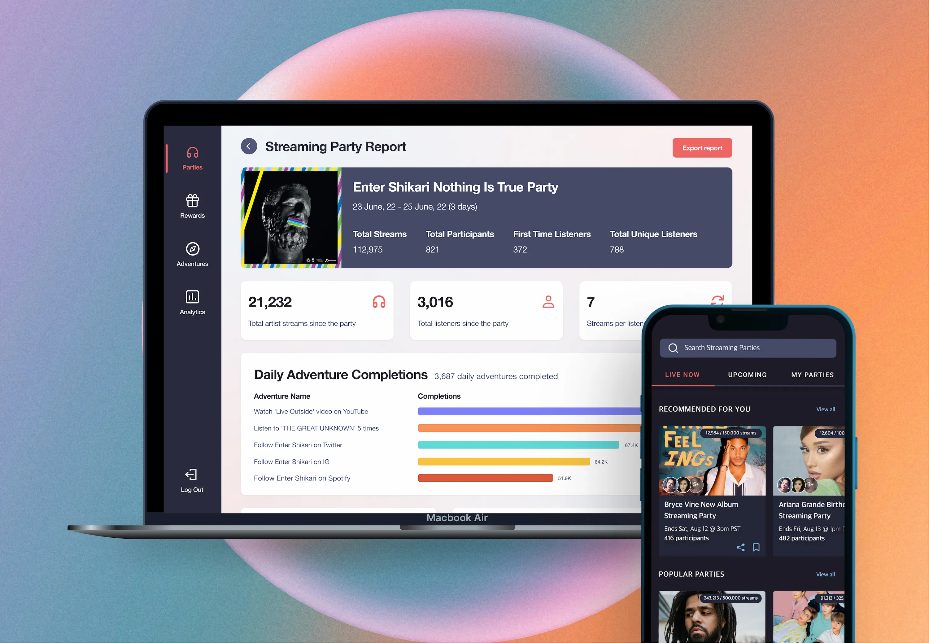 Dashboard and renaissance app on a pastel blue and orange background