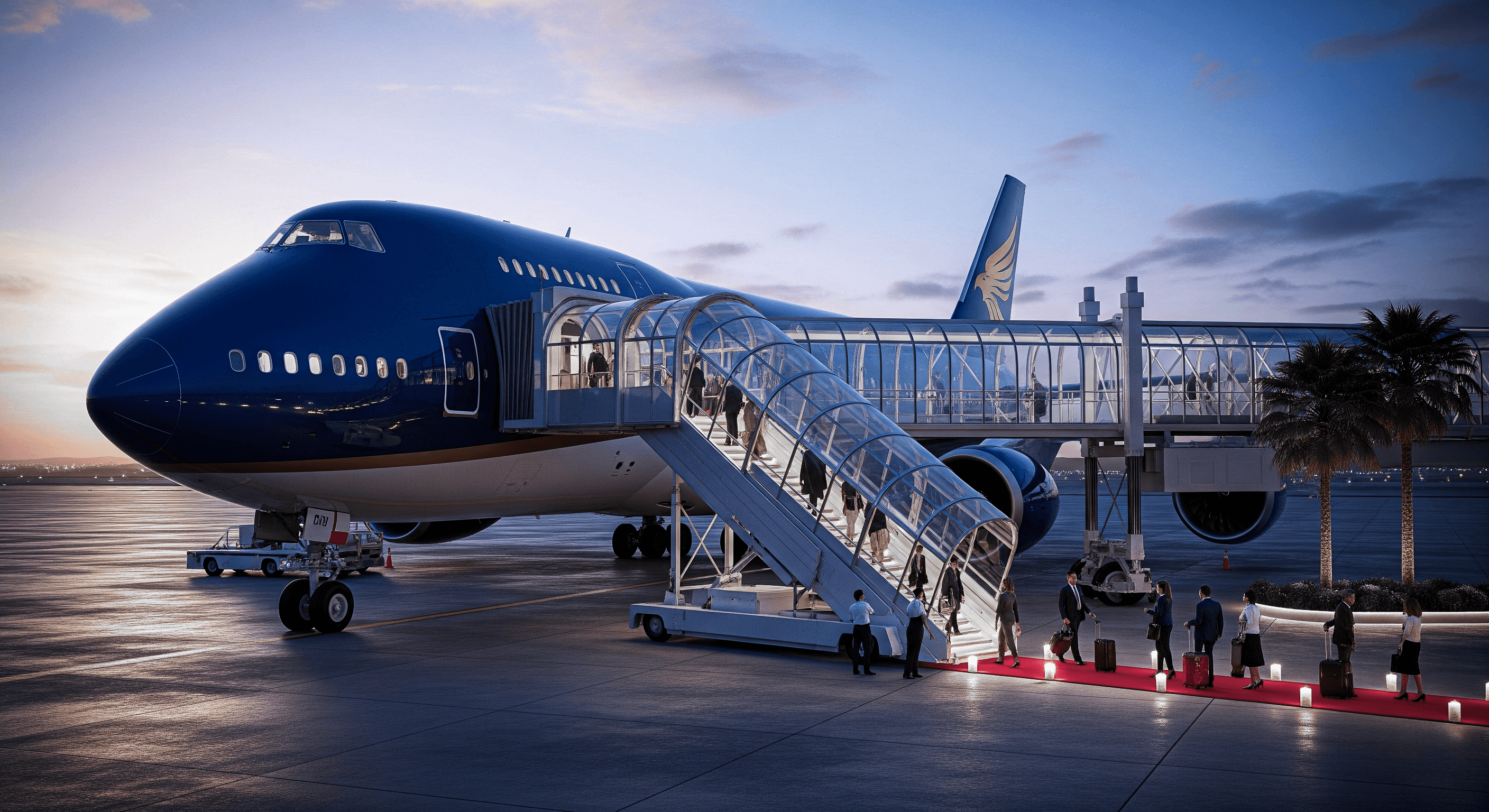 Großes blaues Flugzeug mit Gangway und Menschen, die an Bord gehen. Luxusreise, Abenddämmerung.