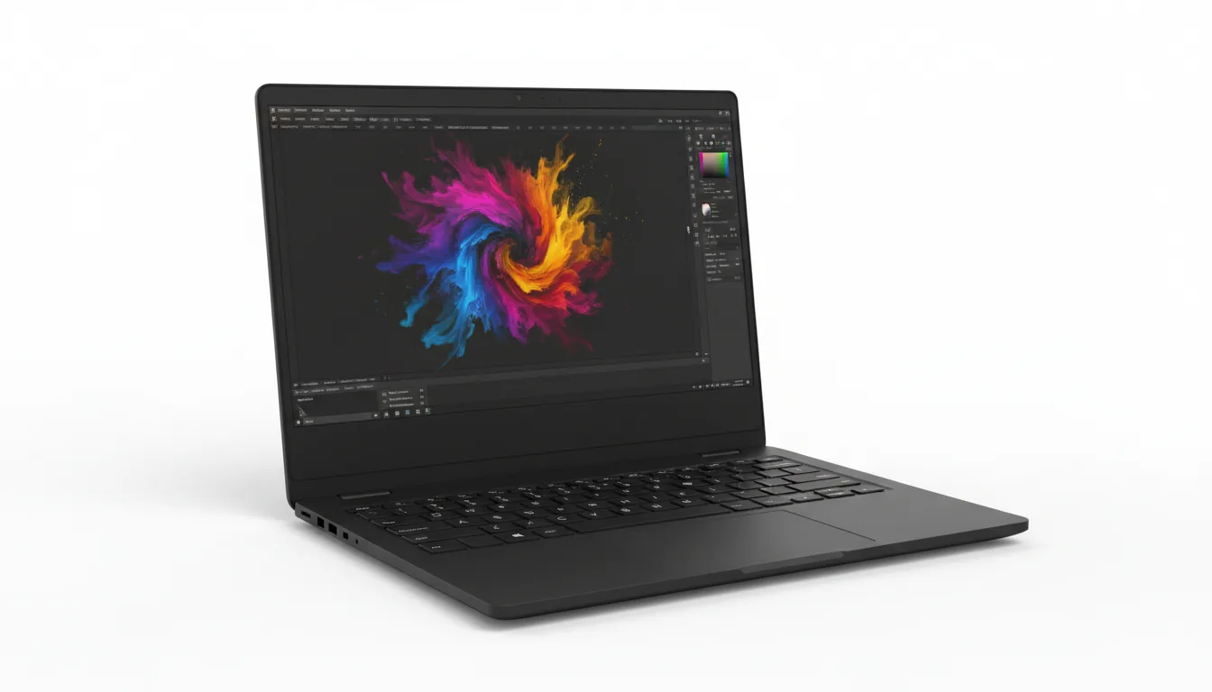 Studio product photography of a sleek, modern matte black laptop, isolated on a pure white background with a soft, subtle shadow. The shot is a clean, high-angle view. Soft studio lighting illuminates the product. The laptop is open, its screen displaying the Adobe After Effects user interface in dark mode, showcasing a vibrant and swirling abstract digital artwork with intense hues of magenta, purple, blue, and yellow. The entire laptop is in sharp focus.