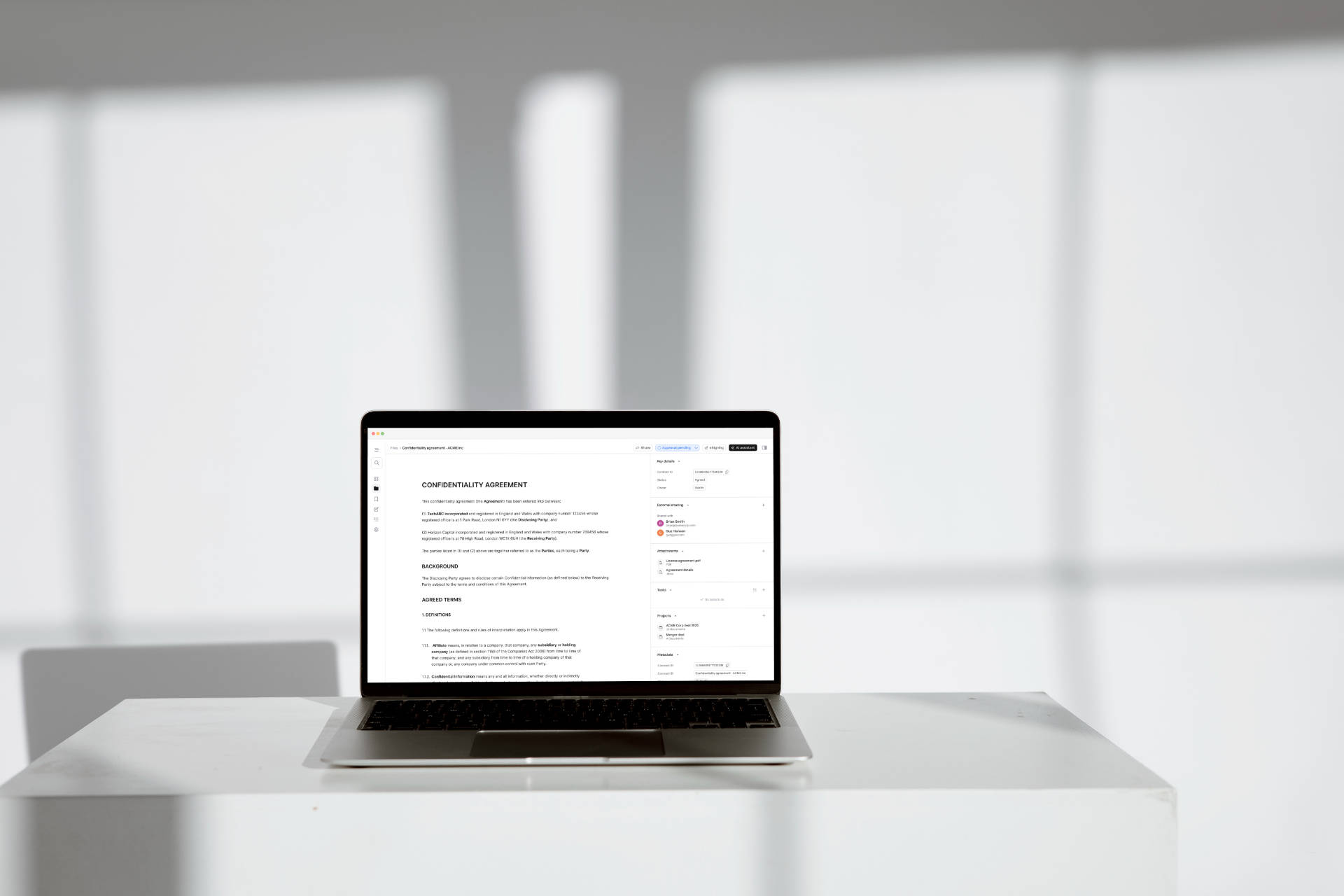 AI-based contract management software Pocketlaw for businesses of all sizes (small, medium, large), showcasing a user-friendly dashboard that streamlines legal workflow for clients and customers with options to create, review, and upload documents, access templates, and monitor document statistics.