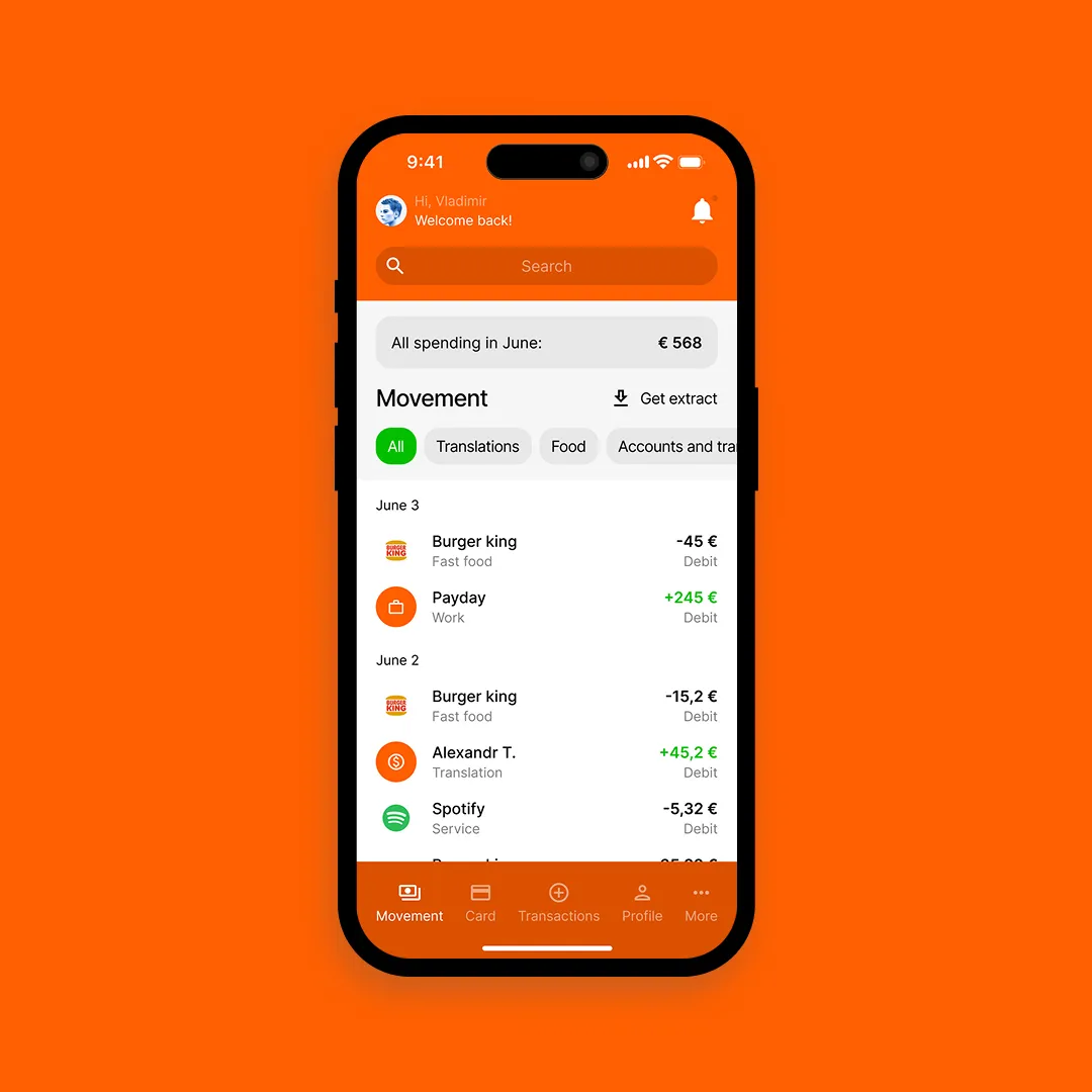 Mobile banking app transaction screen showing expenses and account activity