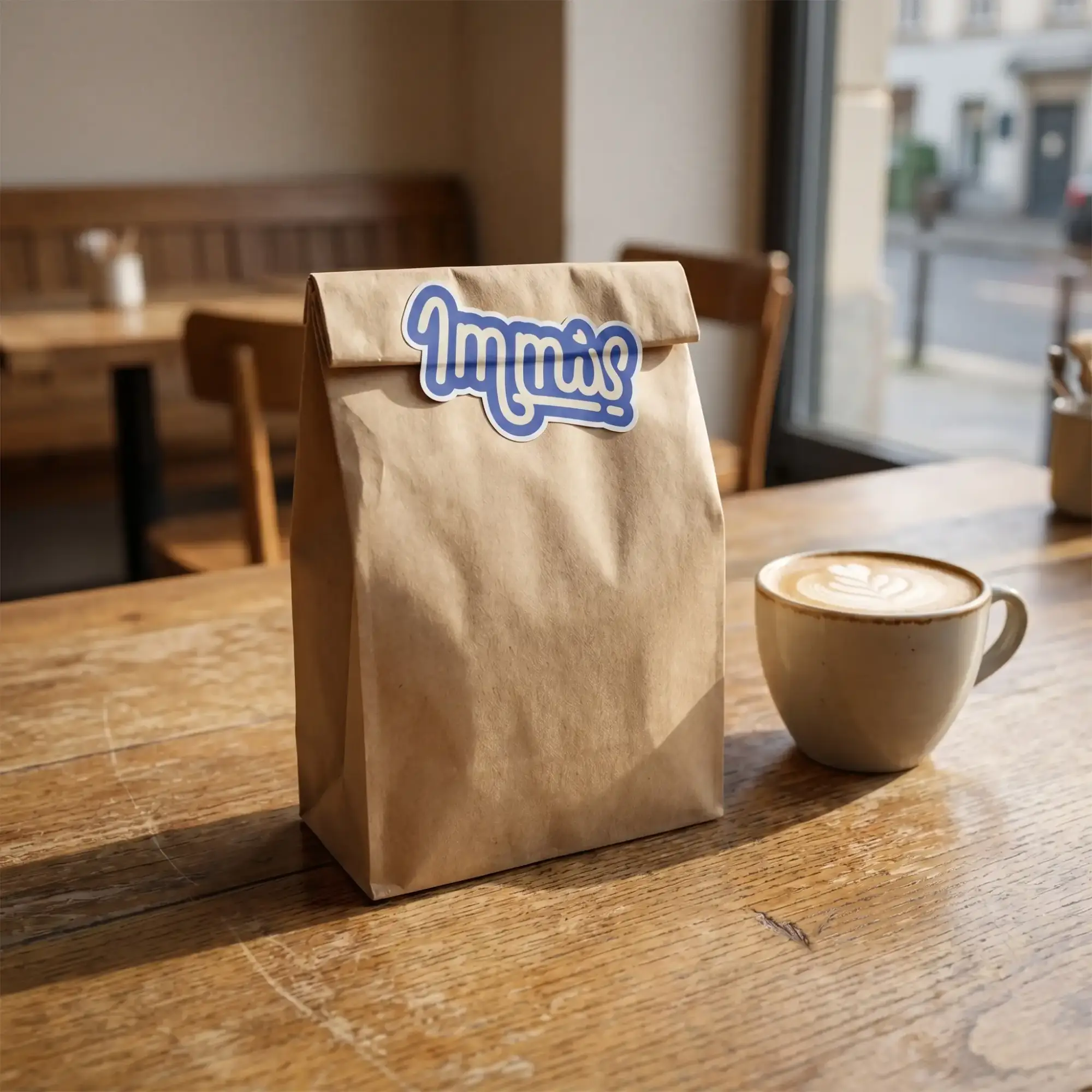 Kraft paper takeaway bag with an Immis logo sticker beside a latte