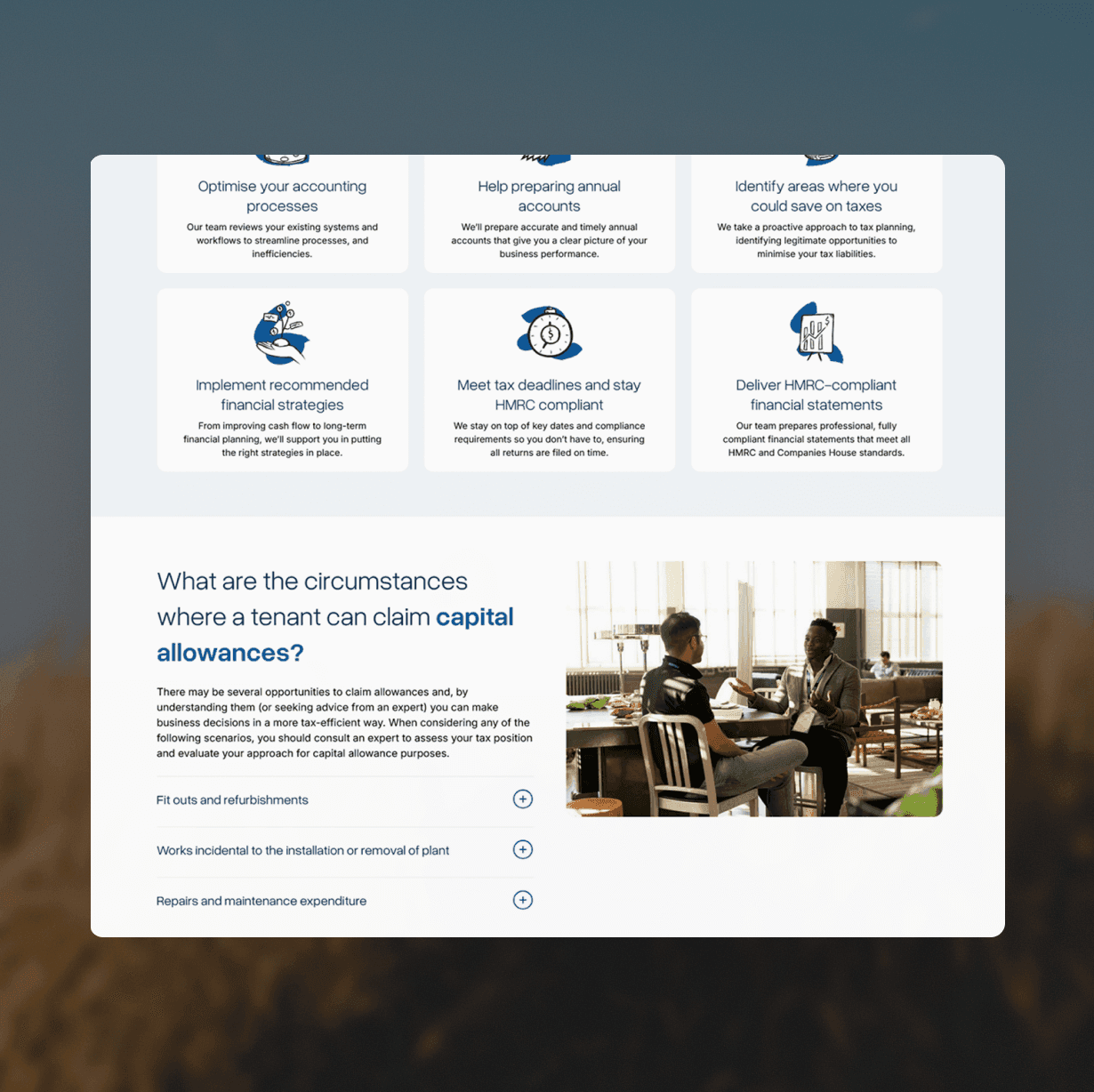 Webpage showing options like optimizing accounting, preparing annual accounts, and claiming capital allowances.