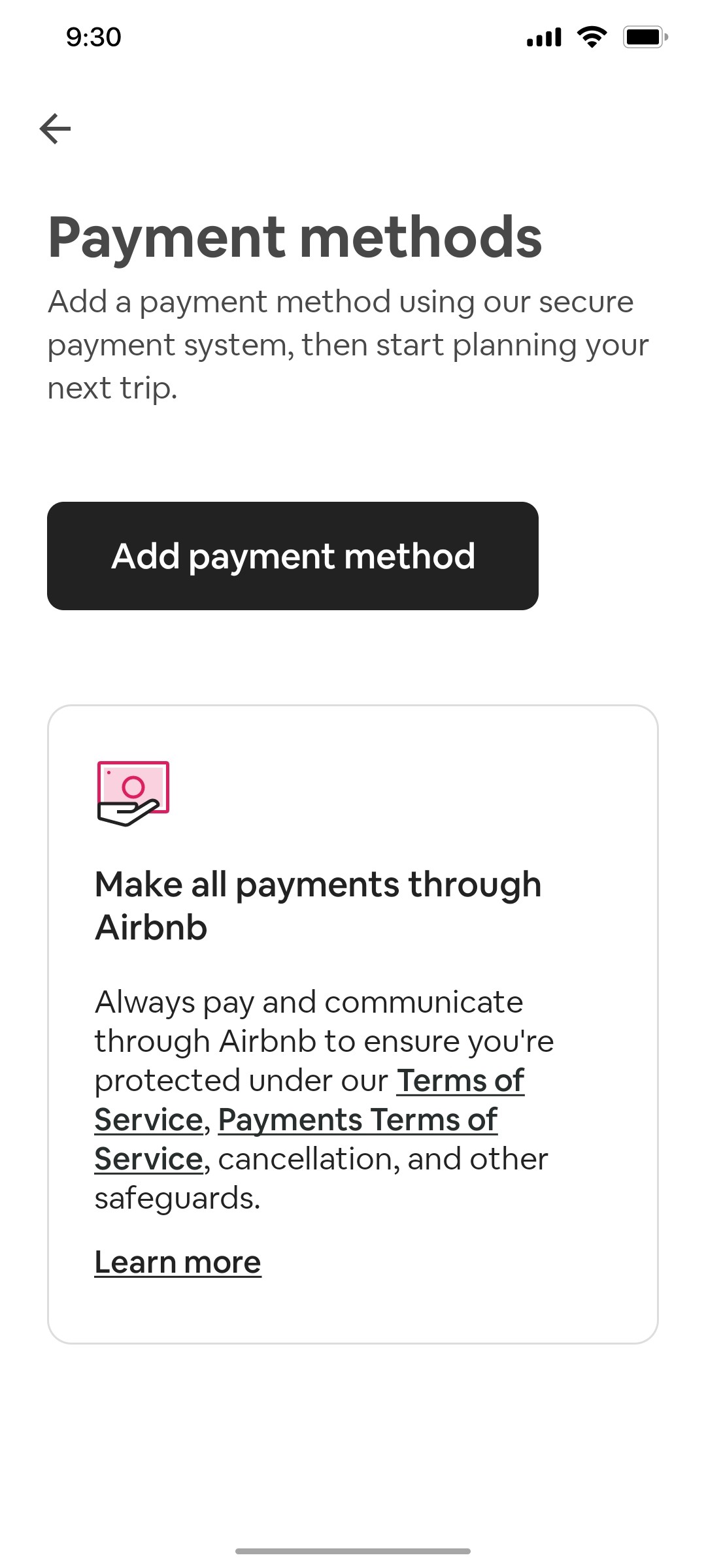 Airbnb payment methods screen