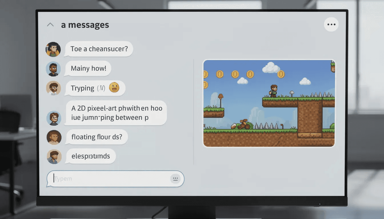 The image shows a chat-style interface where a user is typing a game description, while a small preview window displays a playable prototype of a platformer game, showcasing stunning visuals and engaging gameplay mechanics. This setup illustrates the game development process, highlighting the use of AI tools to generate creative game concepts instantly.