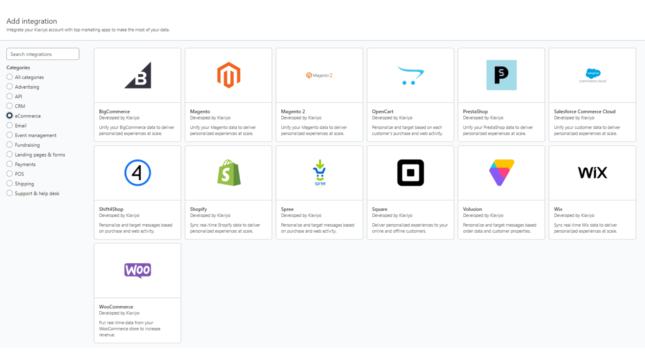 Intégrations e-commerce de Klaviyo