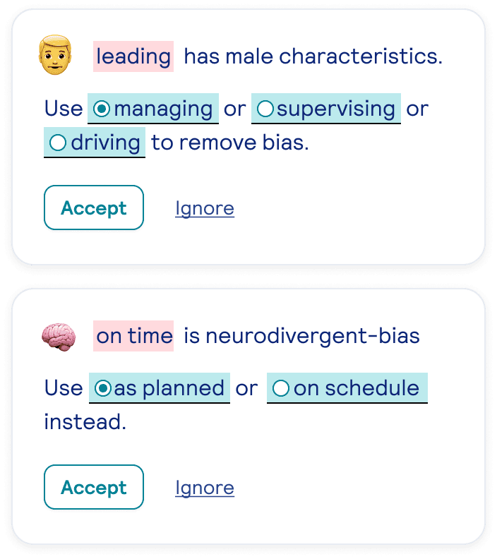 Cards showing different biased words and suitable replacement words