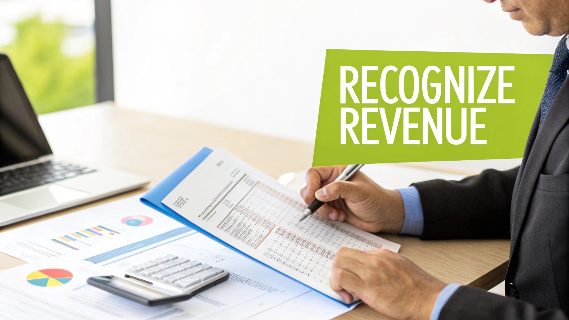 Close-up of a businessman reviewing financial statements and charts, highlighting 'RECOGNIZE REVENUE'.