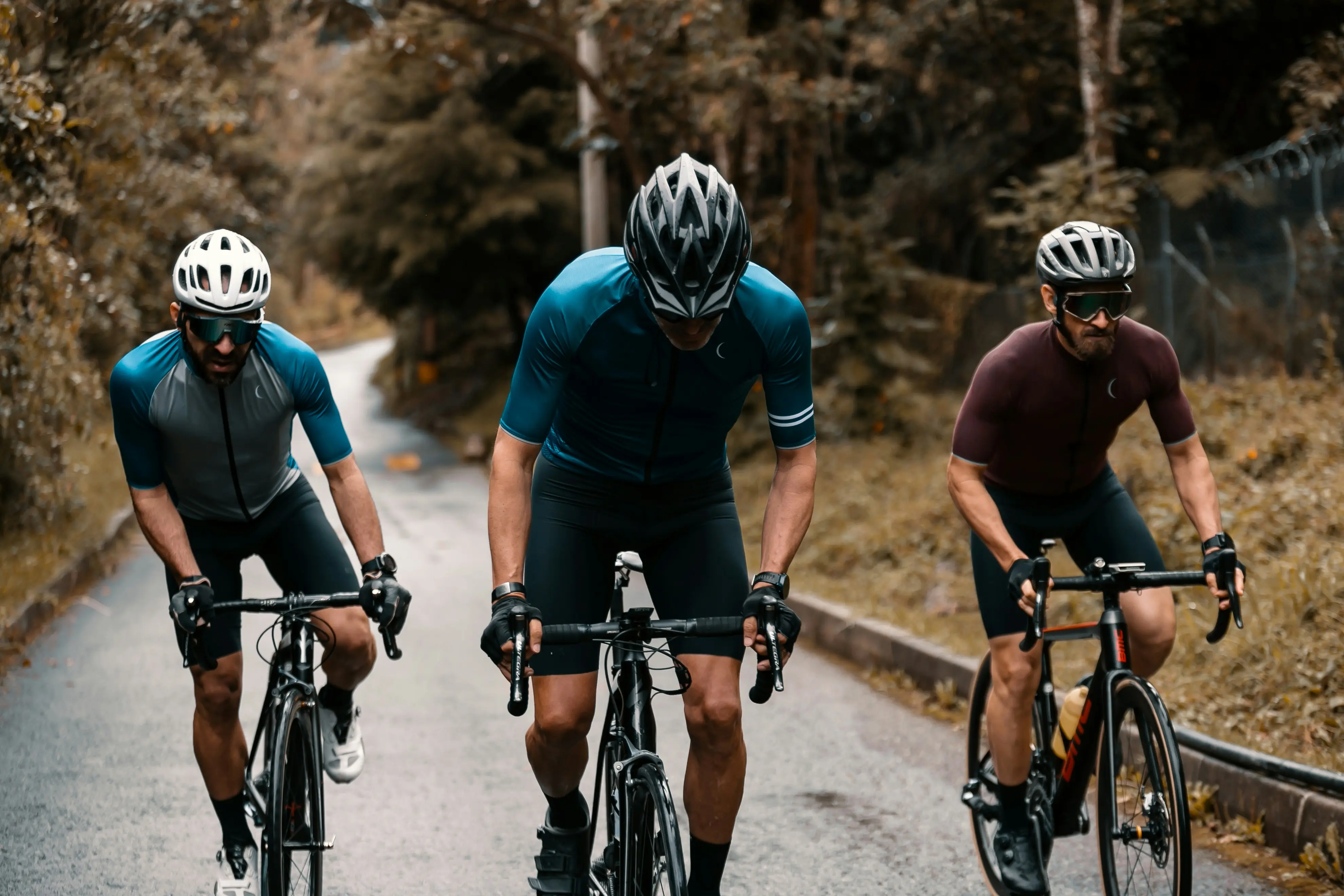 Three road cyclists climbing a narrow uphill road through a wooded landscape during a training ride.