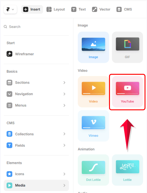 Sélection du composant YouTube dans Framer pour intégrer une vidéo externe