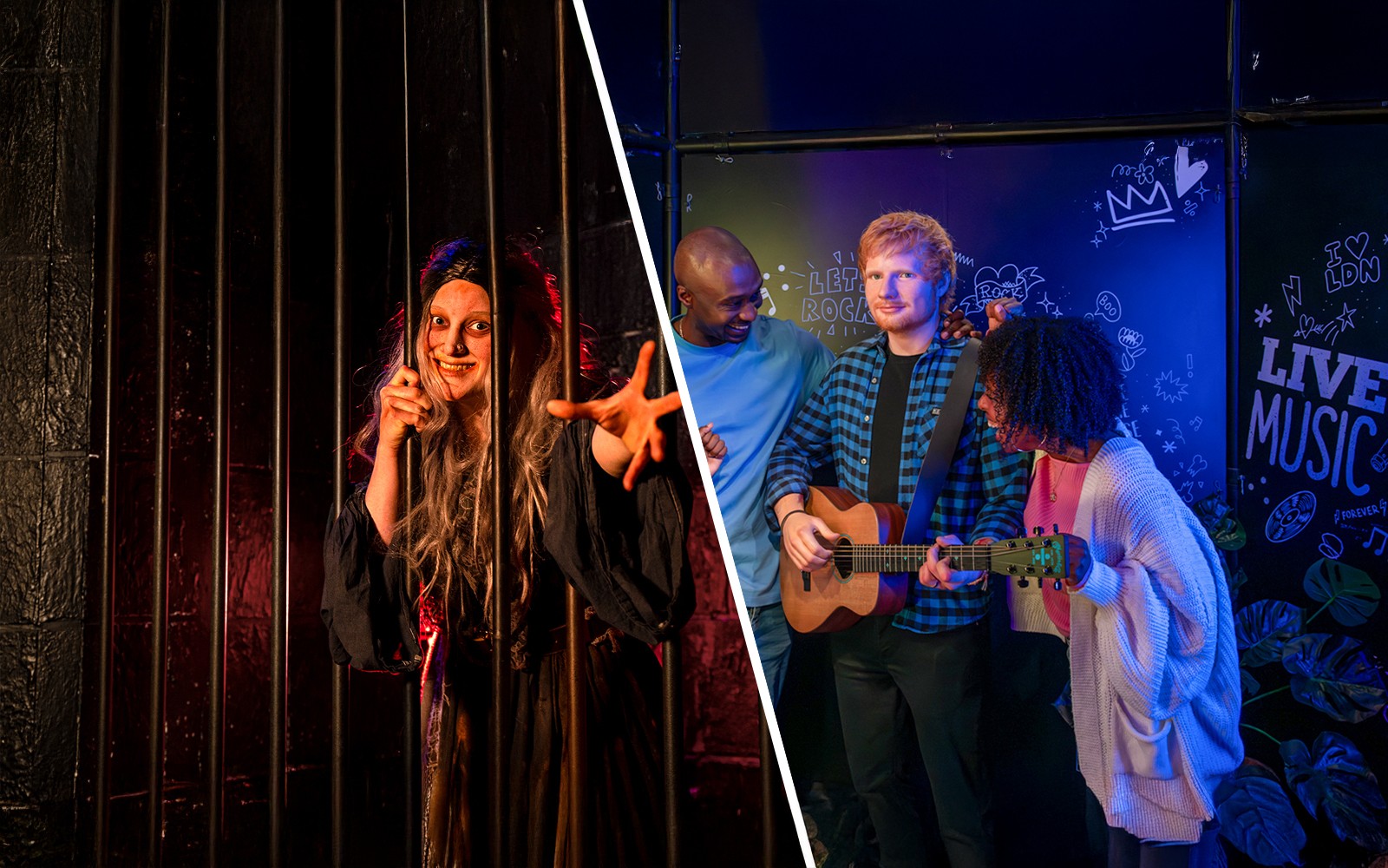 London Dungeon entrance with tourists and Madame Tussauds wax figures in London.