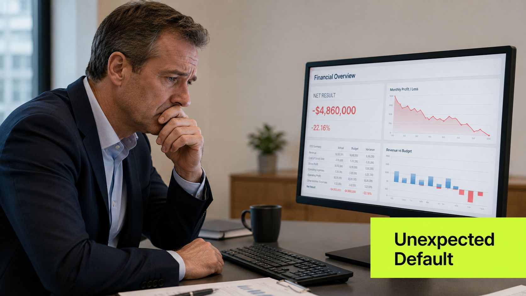 A concerned businessman looking at financial losses and negative profit charts on his office computer screen.