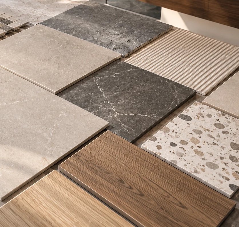 Carreaux de différentes finitions disposés côte à côte pour étudier le calepinage